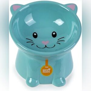 Teal Cat Ceramic Pet Bowl - Cute Heart Nose Design Elevated new